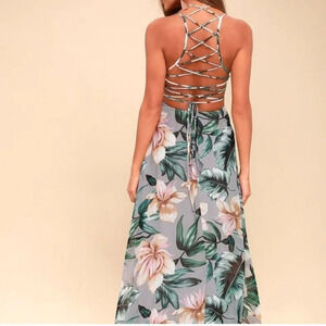 Lulu's Women's Love Abloom Grey Floral Print Lace-Up Maxi Dress Size Midium